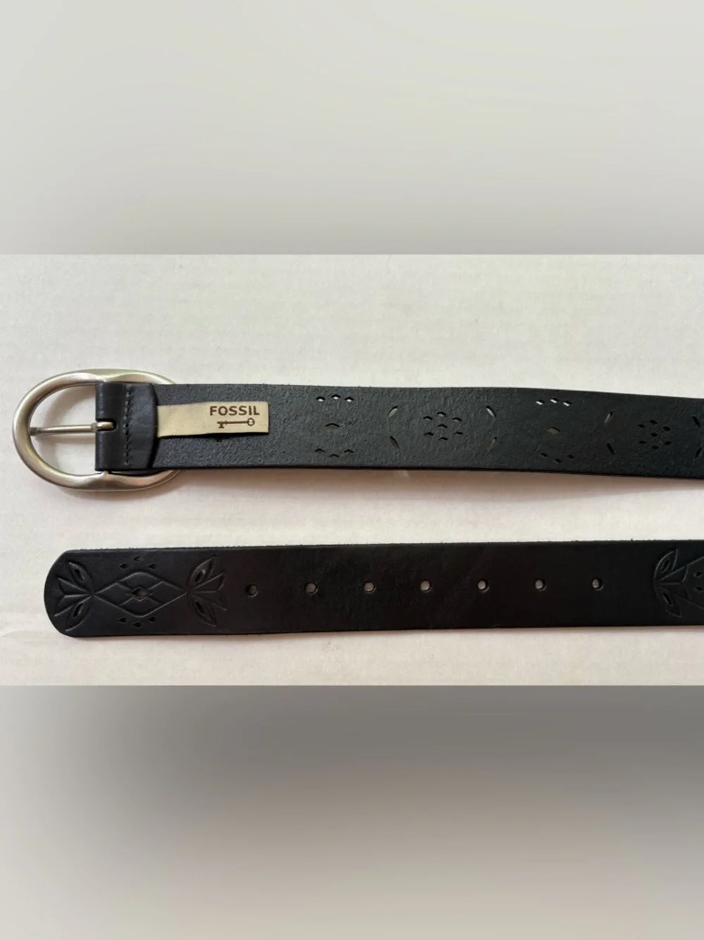 Fossil Black Leather Belt - Boho Perforated Geometric Design - Size M  Y2K